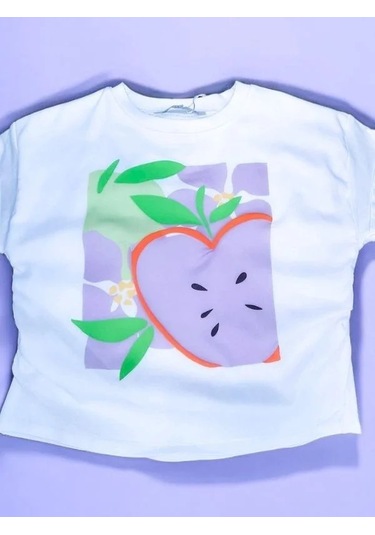 Kız Çocuk Pamuklu Elma Baskılı Bluz-14120 Ekru