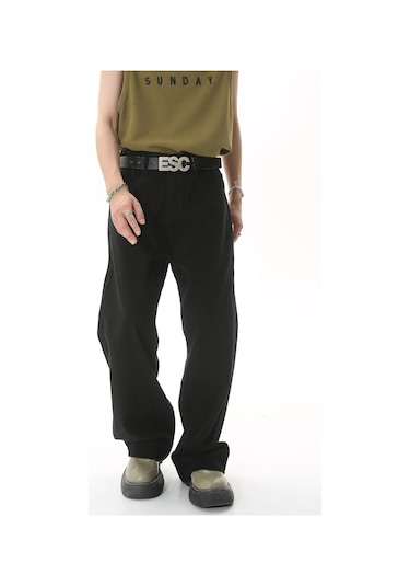 Erkekler İçin Düz Bol Kesim Sade Orta Yüksek Bel Kot Pantolon Siyah