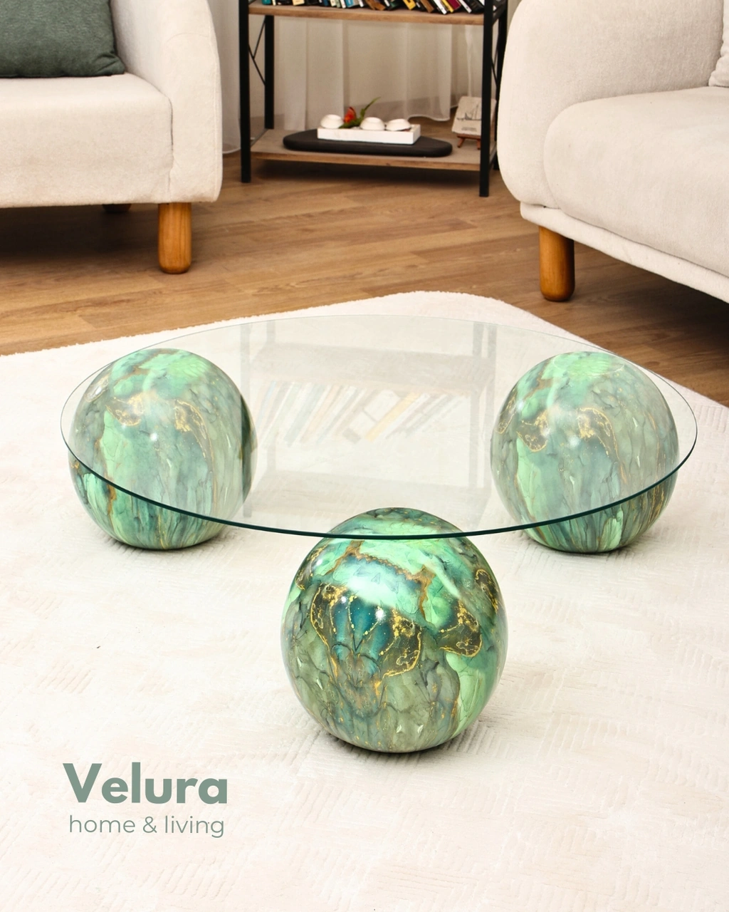 Modern Orta Sehpa & Top Sehpa Cam Sehpa & Küre Orta Sehpa - Jungle - Yuvarlak - Şeffaf Cam Çok Renkli