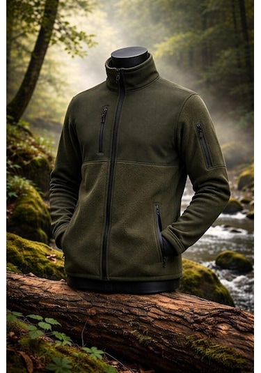Vatan Tekstil Slim Fit Erkek Tam Fermuarlı Dik Yaka 4 Cepli Polar Softshell Garnili Haki
