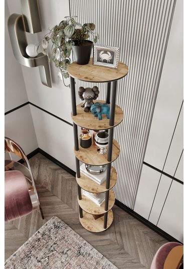 6 Katlı Dekoratif Yuvarlak Kitaplık Meşe Meşe