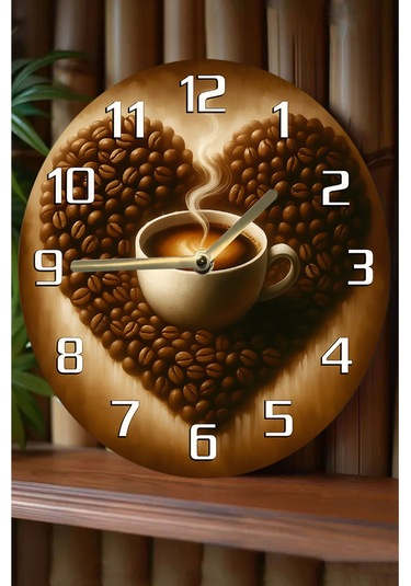 Sessiz Yuvarlak Ahşap Duvar Saati, Kuvars Coffe Desen 2d Sdw2021 Renkli
