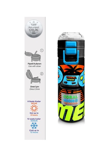 Coral High Kids Gri Turuncu Gamer Desenli Pipetli Ve Direkt İçim Çelik Termos 500 Ml 31947 Turuncu - Beyaz