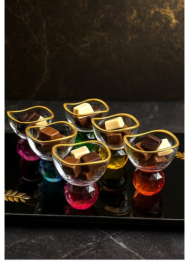 6 Kişilik Cam Elmas Ayaklı Renkli Yaldızlı Kahve Yanı Lokumluk Sosluk Kase çok renkli