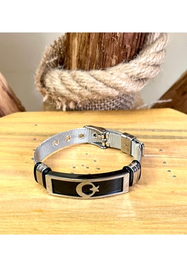 Ay Yıldız Hasır Kemer Kordon Çelik Erkek Bileklik 21cm Gümüş - Siyah