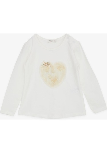 Breeze Kız Çocuk Uzun Kollu Tişört Ponponlu İncili 1-4 Yaş, Ekru Ekru