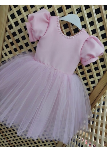 Yakası İncili Pembe Elbise Pembe