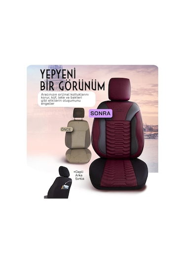Panda Paris Serisi Pike Kumaş Oto Koltuk Kılıfı Tam Set Bordo - Siyah
