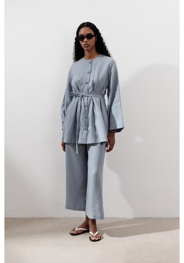 Keten Pensli Tunik Mavi Mavi