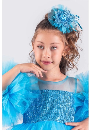 Kız Çocuk Abiye Elbise Ponpon Kol Pul Payetli Tütülü Mavi