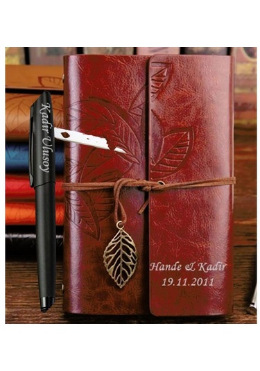 Kişiye Özel Yaprak Tasarımlı Deri Hatıra Defteri ve Mat Siyah Lüx Roller Kalem