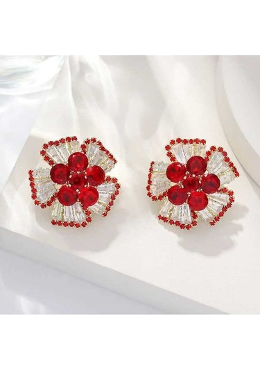 Ganzhoushop Yeni Retro Mücevher Lüks Küpe Kristal Kırmızı Kadın İçin Şık Çiçek Desenli High-end Görünümlü Takı Kırmızı