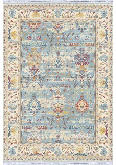 Mavi Çerçeveli Dokuma Pamuk Taban Kaymaz Kilim Klm294