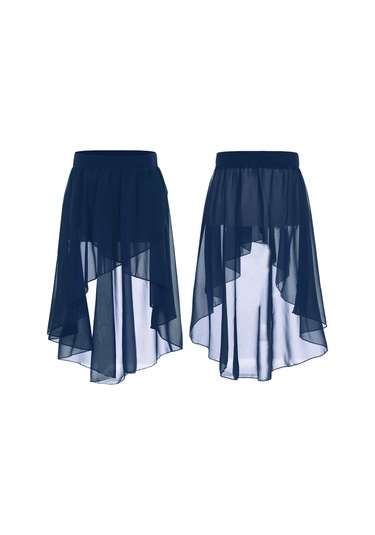 Lacivert Kızlar Yüksek Düşük Bale Mini Etek Elastik Şeffaf Şifon Yan Daldırma Asimetrik Tutu Stüdyo Uygulama Performansı Kostüm Lacivert