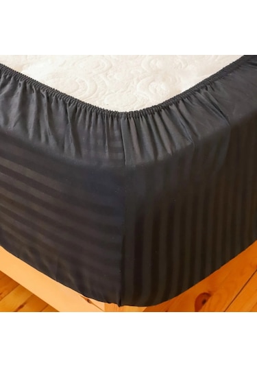 Çizgili Saten Yatak Çarşafı Lastikli 100x200 Yastık Kılıfı 50x70 Siyah