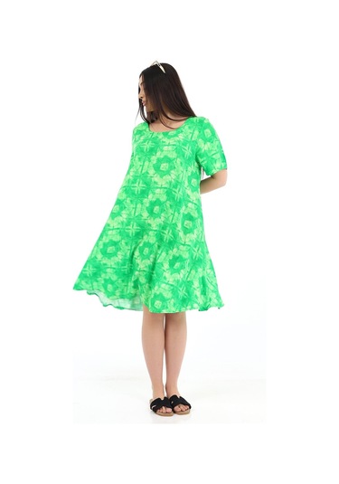 Schık Kadın Viskon Yarım Kol Kare Yaka Elbise Yeşil Yeşil