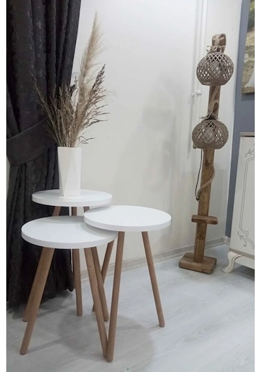 3'lü Zigon Sehpa Seti Saksılık Ve Çiçeklik Standı, Dekoratif Yan Sehpa Ahşap Ayaklı 33 Cm Çap - Beyaz Beyaz