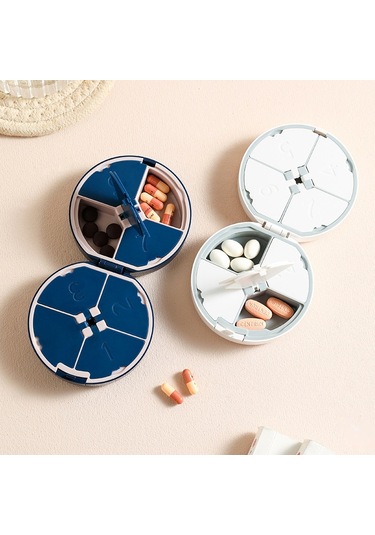 Sones Kesicili Çift Katmanlı Yuvarlak Sekiz Izgaralı Taşınabilir İlaç Kutusu Mavi