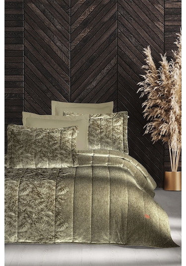 Lucie Jakar Kadife Mürdüm Çift Kişilik Yatak Örtüsü Takımı Sage Bej