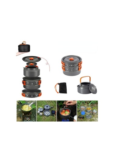 Tcherchi 3 Parça Set Kamp Tencere Seti Açık Pişirme Seti Su Isıtıcısı Tava Pot Sofra Ekipmanları Siyah - Turuncu Siyah