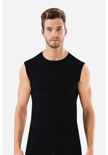 Erkek Beyaz - Siyah Tişört Sıfır Kol Sıfır Yaka Kolsuz Atlet 2'li %100 Pamuk Beyaz - Siyah