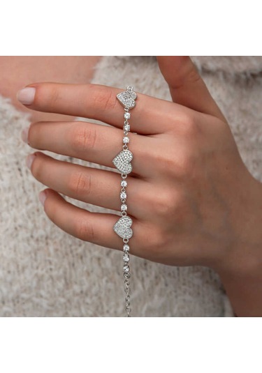 Artsmagazinmücevher Gümüş Zirkon Taşlı Sıralı Kalp Kadın Bileklik