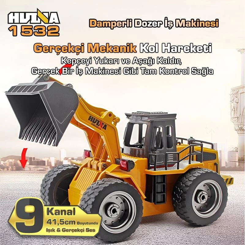 Huına 1532 1/18 9ch Rc Wheel Loader Damper Dozer Kamyon İş Makinesi Kazıcı Uzaktan Kumandalı Rc Model -2.4g Gerçekçi Similasyon Ses Ve Işık Sistemi
