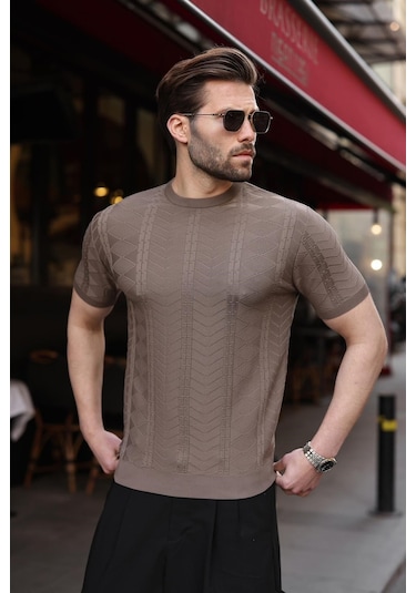 Açık Kahverengi Bisiklet Yaka Slim Fit Triko Erkek Tişört E7466