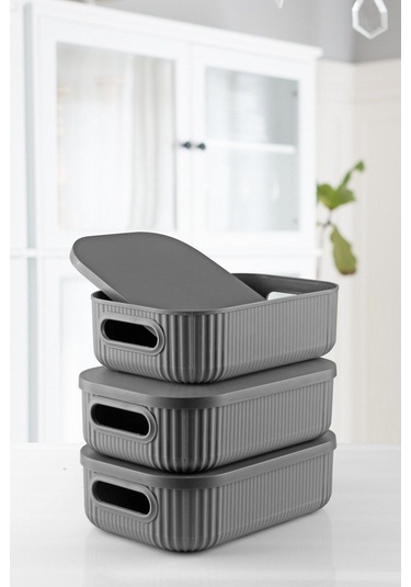 3'lü Set Çok Amaçlı Dekoratif Depolama Kutusu 3,2lt Antrasit