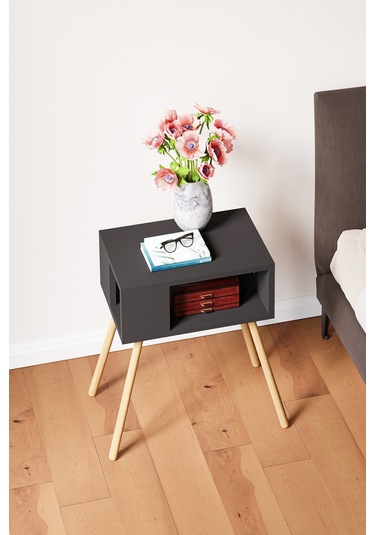 İntergo Ahşap Ayaklı Dekoratif Raflı Komodin Antrasit Gri