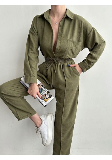 Kadın Oversize Keten Gömlek Pantolon Alt Üst Takım Haki
