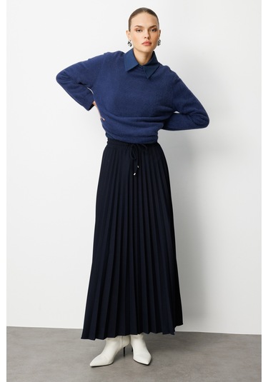 Mizalle Örme Krep Piliseli Maksi Lacivert Etek Lacivert