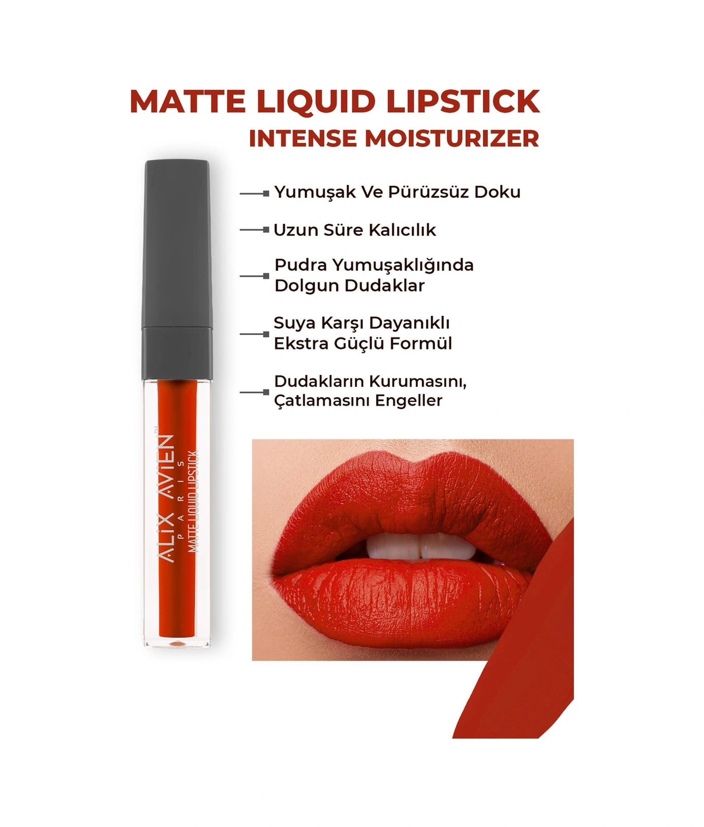Alix Avien Uzun Süre Kalıcı Kadifemsi Kuruma Yapmayan Mat Likit Ruj Matte Liquid Lipstick 520 Red Carpet