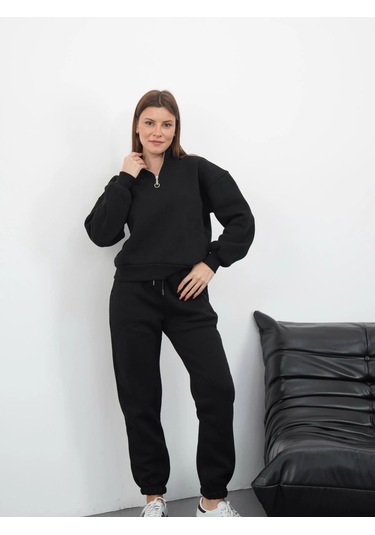 3 İplik İçi Şardonlu Yarım Fermuarlı Alt Üst Takım Siyah Siyah