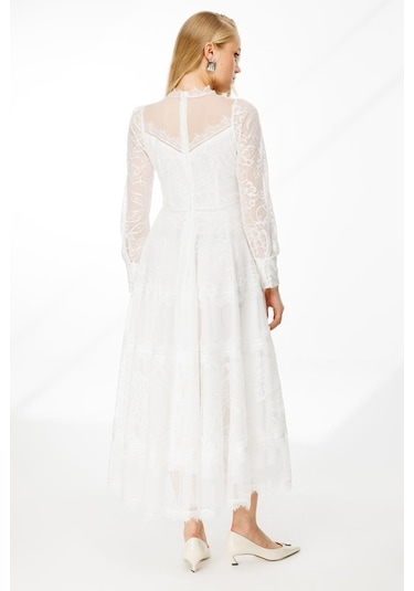 Dantel Detay Bej Astarlı Maxi Boy Abiye Elbise Nefeli Beyaz