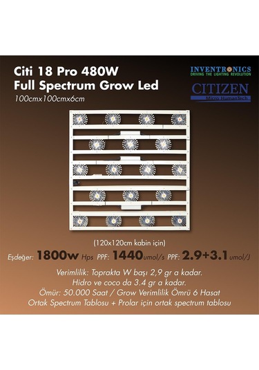 Citi 18 Pro 480w Full Spectrum Grow Led Lamba