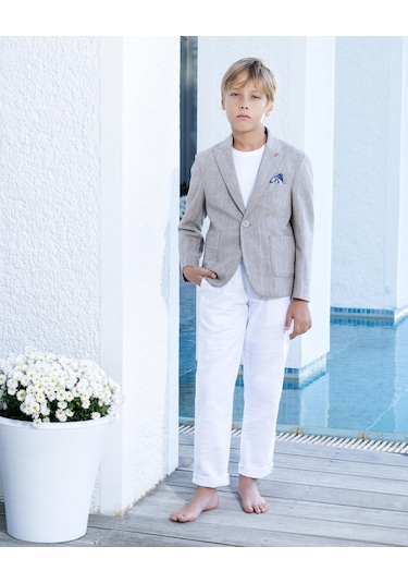 Erkek Çocuk Vizon Takım Elbise Keten Spor Takım 3-14 Yaş Ceket Pantolon Tişort 3-14 Yaş Vizon