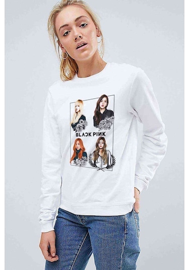 Kpop Blackpink Black Pink Baskılı Beyaz Kadın Sweatshirt