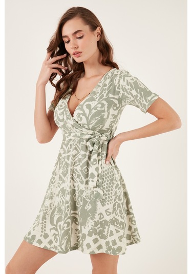 Lela Desenli Kruvaze Yaka Regular Fit Bayan Elbise 5865723 Olive