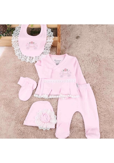 Çiçekli Araba Nakışlı Dantelli 5'li Kız Bebek Hastane Çıkışı 0-3 Ay Pembe Pembe