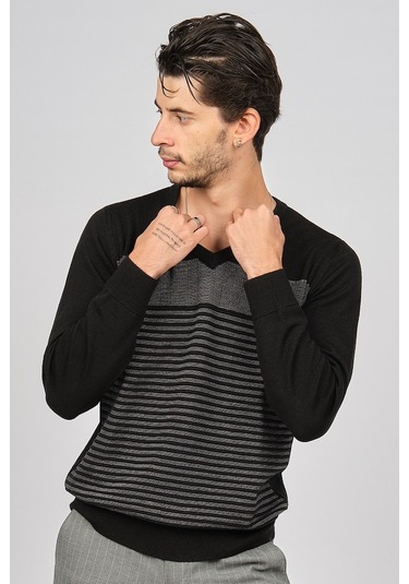 Desen Triko Erkek Desenli V Yaka Yün Kazak 0249640 Siyah Siyah