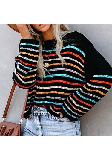 Kadın Uzun Kollu Günlük Düşük Omuz Örgü Kazak Renkli Çizgili Büyük Boy Kazak Üstler Siyah