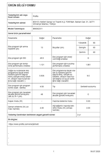 Profilo BMS623V1 6 Programlı 13 Kişilik Bulaşık Makinesi