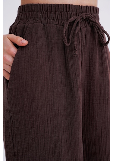 4286 Kadın Bol Paça Beli Lastikli Müslin Palazzo Pantolon Kahve Kahve
