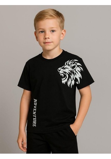Çocuk Aslan Baskılı Pamuklu Oversize T-shirt-16014 SIYAH