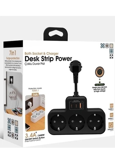 Çoklu Kablolu Priz Yüksek Gerilim Korumalı 3 Lü Priz 1x Usb 2x Type-c Çıkışlı Grup Priz Çoğaltıcı Si 1