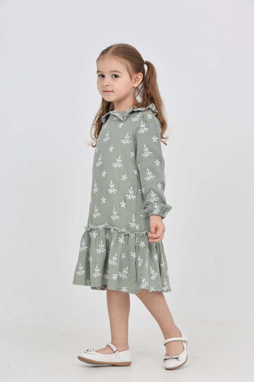 Toontoy Kız Çocuk Çiçek Nakışlı Bebe Yaka Elbise Açık Yeşil