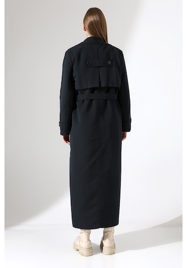 Amazon Keten Kumaş Uzun Boy Düğmeli Astarlı Yumuşak Dokulu Trenç Kot Siyah Siyah