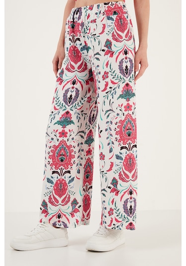 Lela Desenli Beli Lastikli Bol Paça Rahat Kesim Bayan Pantolon 5865217 Beyaz-Fuşya