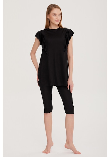 Remsa Fırfır Volan Detaylı Yarı Kapalı Mayo 2150 Hilal Siyah